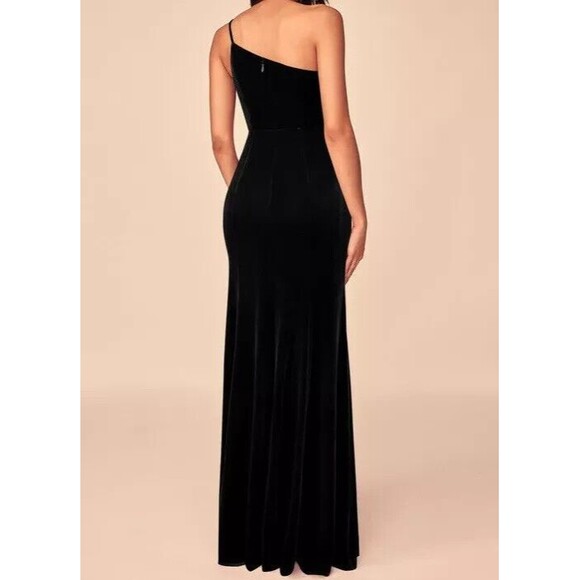 Azazie Womens Size A16 Black Velvet One Shoulder Maxi Slit Dress - Picture 2 of 10
